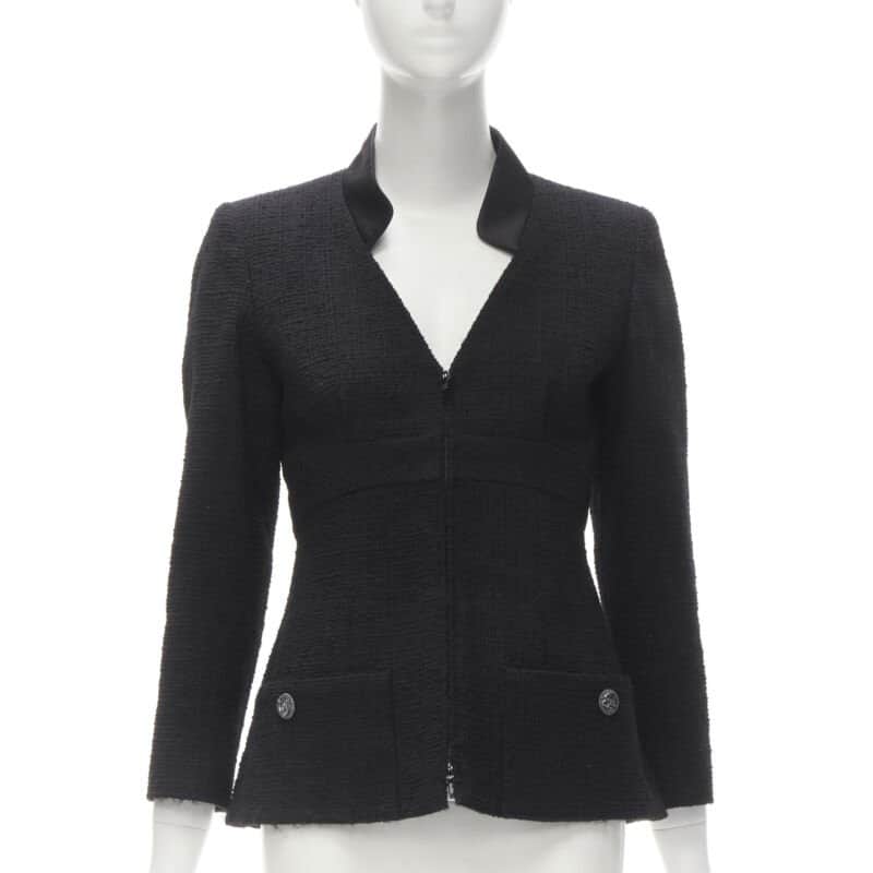Chanel Tweed Collar Jacket Black Wool Never worn - Front View