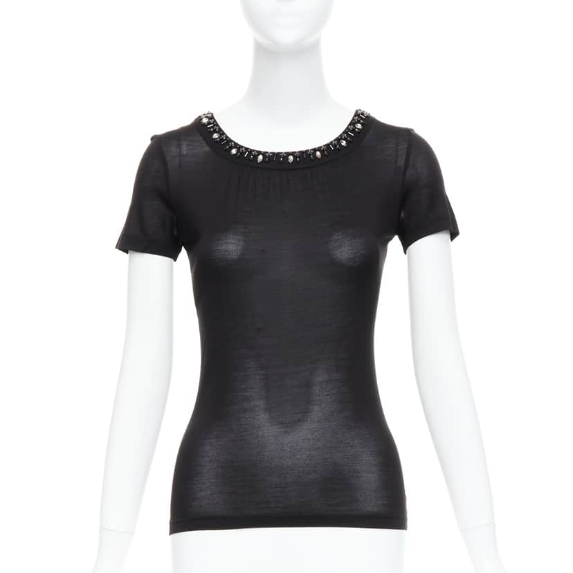 Christian Dior Beaded Collar Tee Black Silk Very good condition - Front View