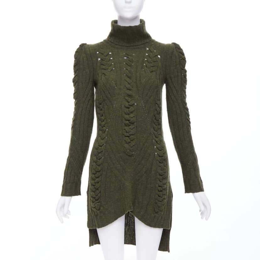 Celine Cable Knit Dress Green Wool Never worn - Front View