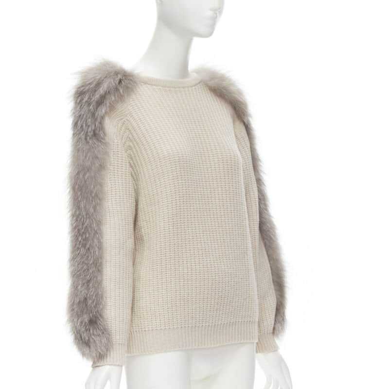 Brunello Cucinelli Fur Sleeve Sweater Beige Cashmere Never worn - Front View