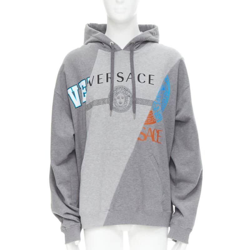 Versace Mixed Logo Hoodie Grey Cotton Never worn, with tag - Front View