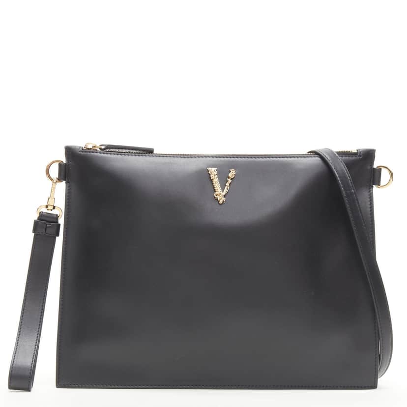 Versace Virtus Zip Clutch Black Leather Never worn - Front View