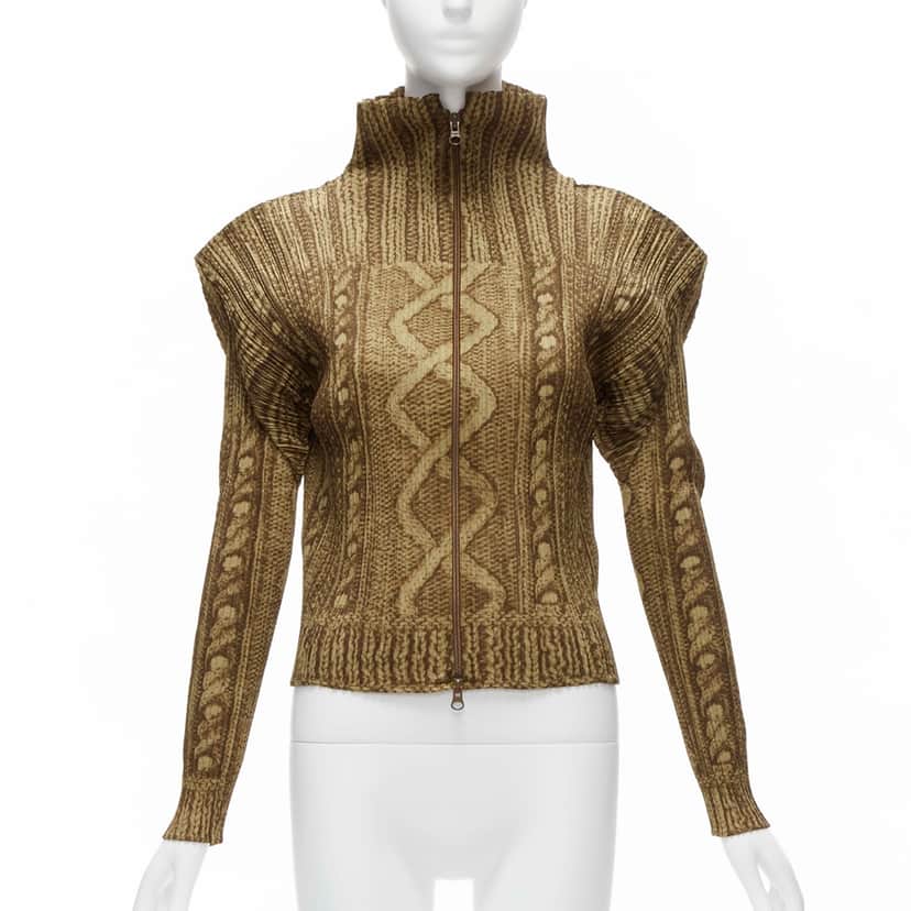 Pleats Please Cable Knit Jacket Brown Polyester Never worn - Front View