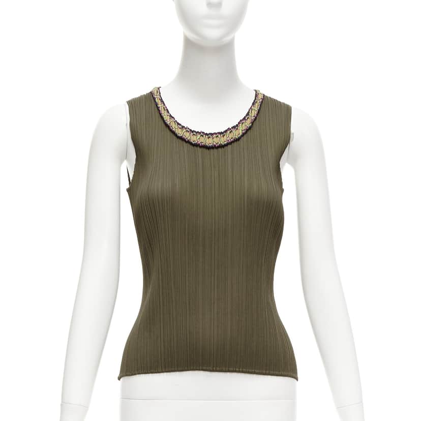 Issey Miyake Embroidery Plisse Vest Khaki Polyester Never worn - Front View