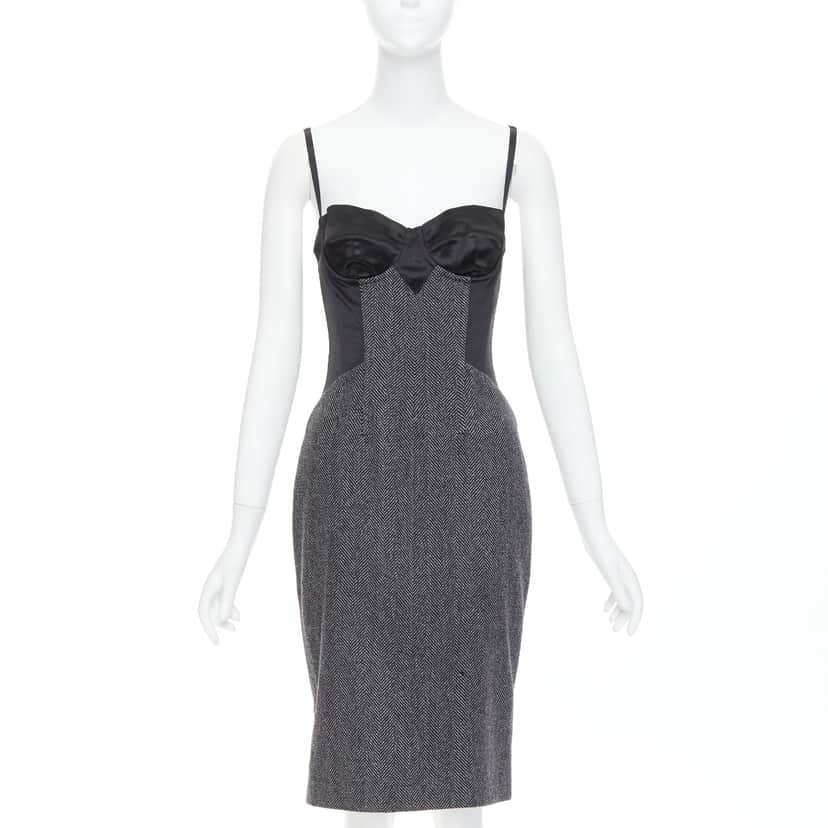 Dolce & Gabbana Herringbone Tweed Dress Black Wool Good condition - Front View