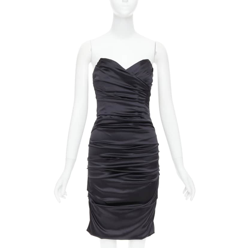 Dolce & Gabbana Ruched Cocktail Dress Black Silk Very good condition - Front View