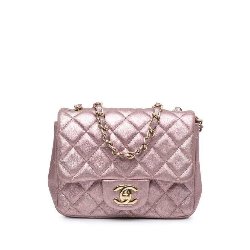 Chanel Mini Square Classic Metallic Calfskin Single Flap Pink Leather Good condition - Front View