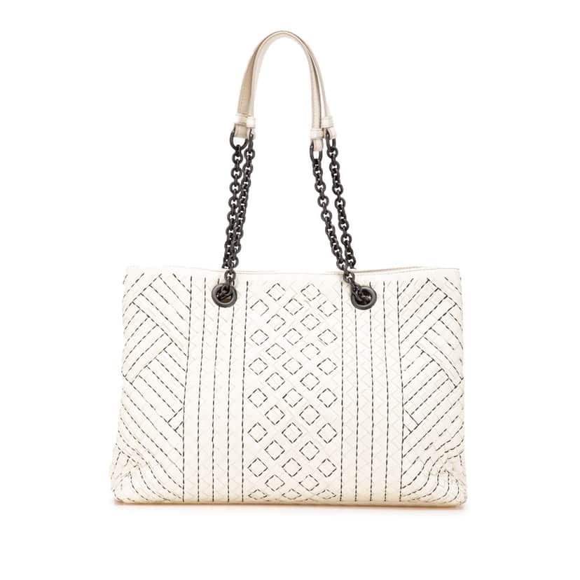 Bottega Veneta Medium Intrecciato Stitched Double Chain Tote White Leather Good condition - Front View