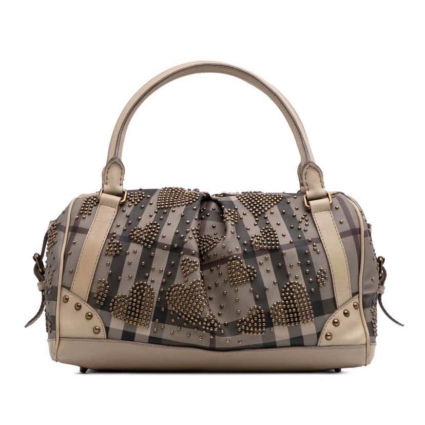 Burberry Smoke Check Coated Canvas Studded Heart Boston Bag Brown Good condition - Front View