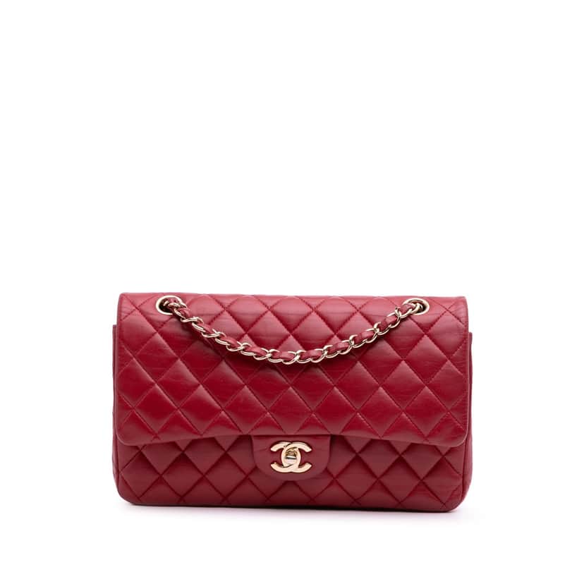 Chanel Medium Classic Lambskin Double Flap Red Leather Good condition - Front View