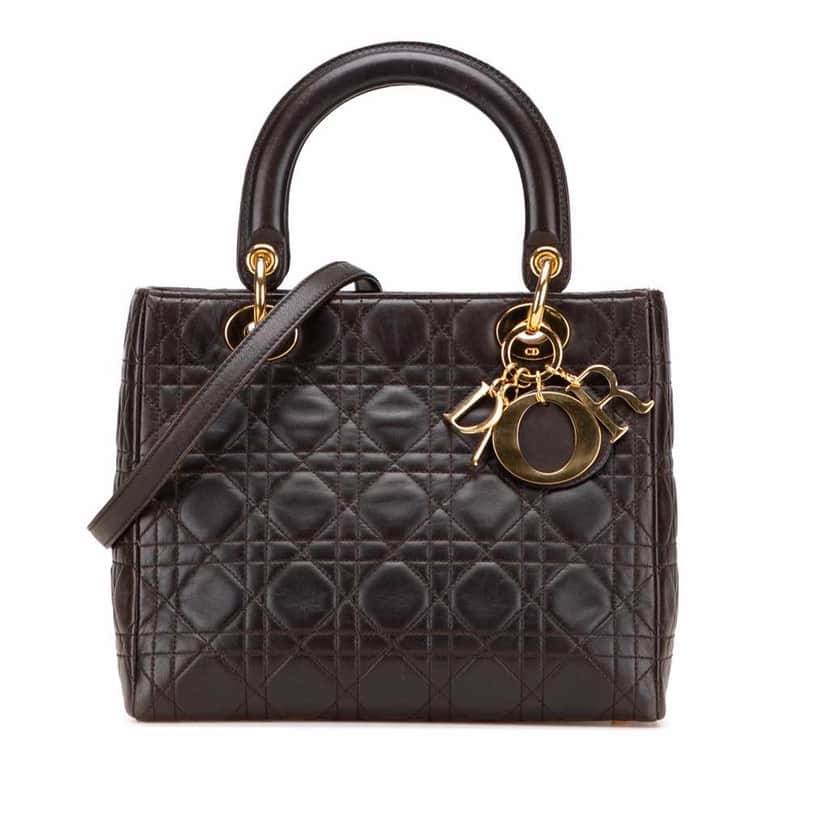 Dior Medium Lambskin Cannage Lady Dior Brown Leather Good condition - Front View
