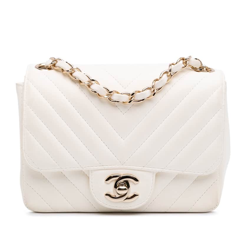 Chanel Mini Square Classic Chevron Lambskin Single Flap White Leather Good condition - Front View