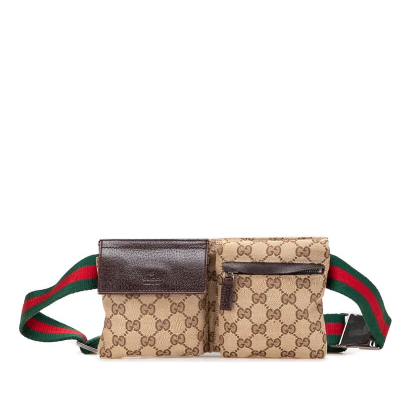 Gucci GG Canvas Web Double Pocket Belt Bag Brown Good condition - Front View