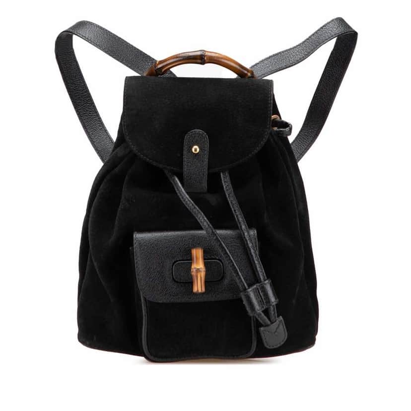 Gucci Suede Bamboo Backpack Black Leather Good condition - Front View