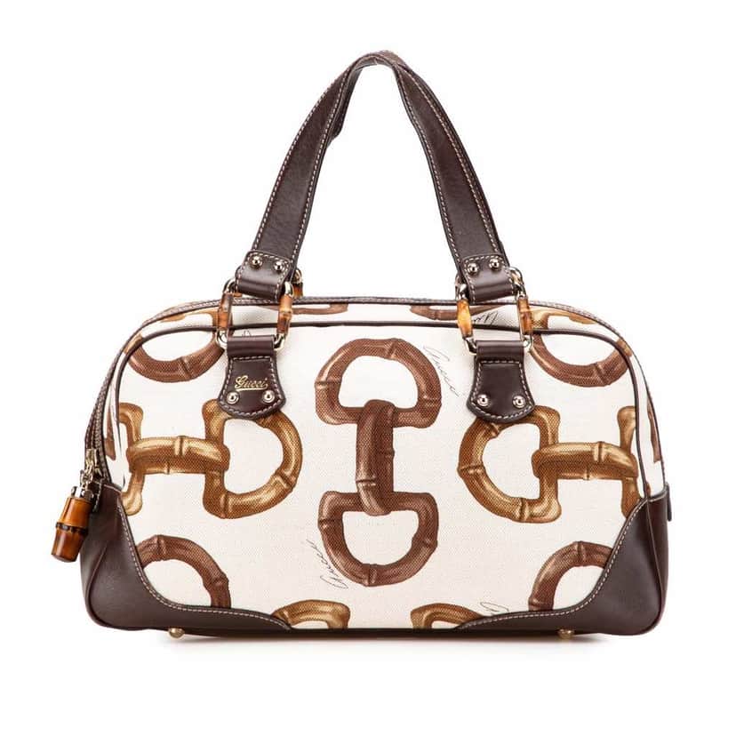 Gucci Printed Canvas Bamboo Horsebit Handbag White Good condition - Front View