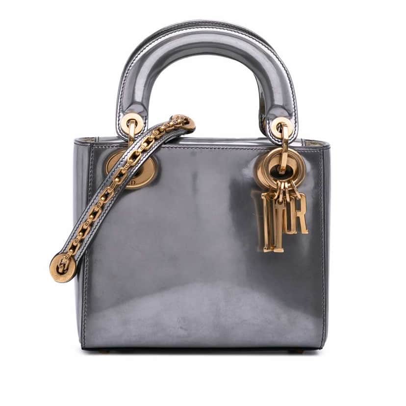 Dior Mini Metallic Glazed Calfskin Lady Dior Silver Leather Good condition - Front View