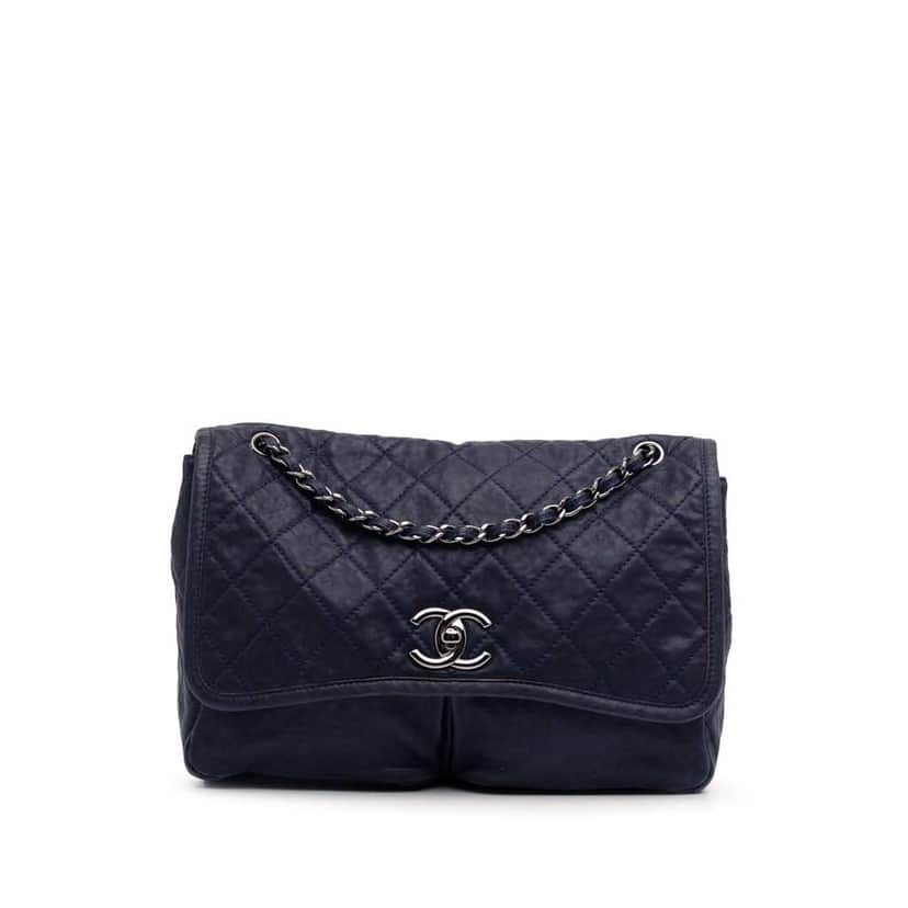 Chanel Large Quilted Calfskin Natural Beauty Split Pocket Flap Blue Leather Very good condition - Front View