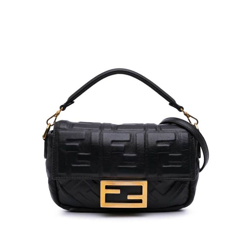 Fendi Mini Zucca Embossed Leather Baguette Satchel Black Leather Good condition - Front View