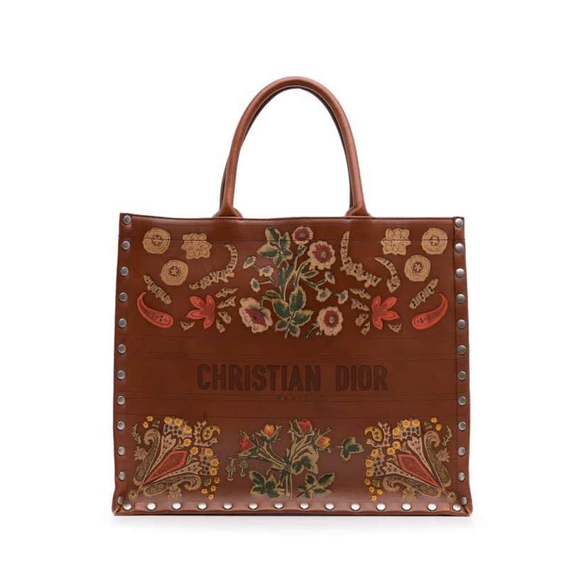 Dior Large Studded Embroidered Leather Floral Book Tote Brown Leather Good condition - Front View