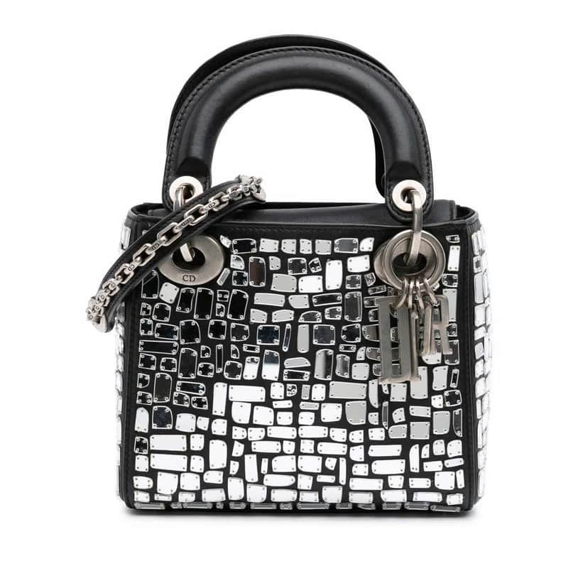 Dior Mini Smooth Calfskin Embroidered Mosaic of Mirrors Lady Dior Black Leather Good condition - Front View