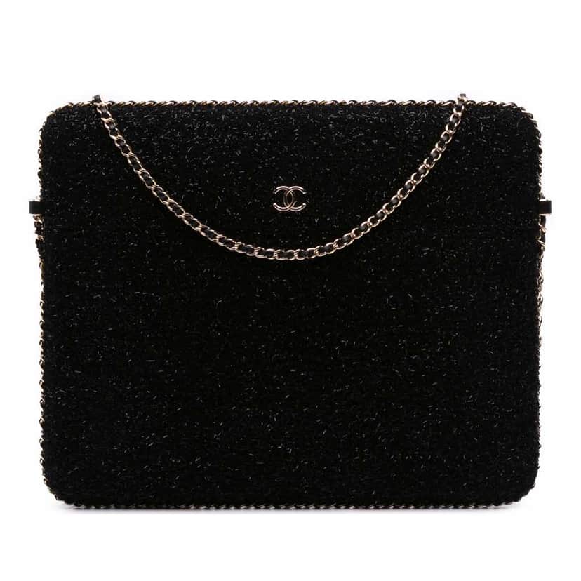 Chanel Tweed Chain Around Tablet Holder Black Good condition - Front View