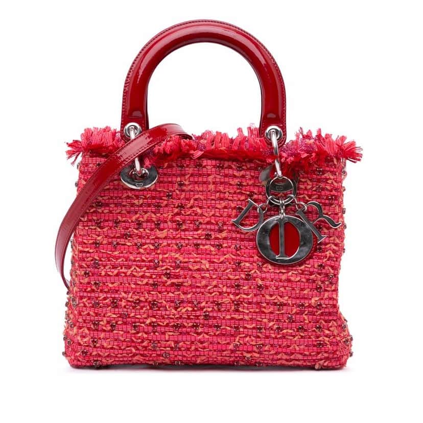 Dior Medium Tweed Fringe Rhinestone Lady Dior Red Good condition - Front View