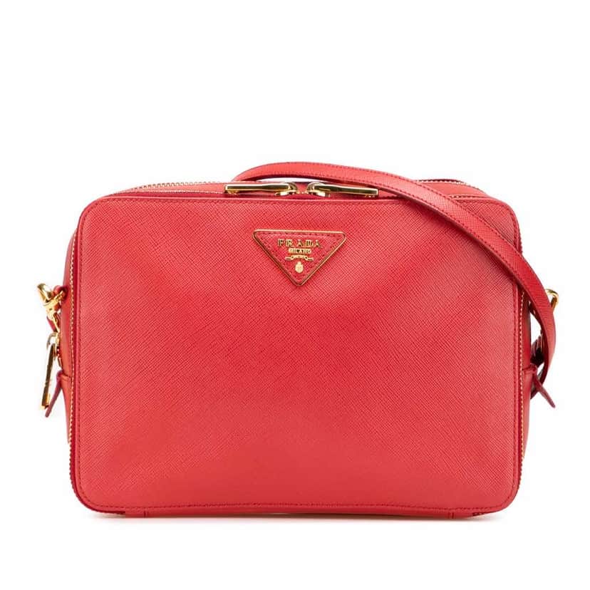 Prada Saffiano Double Zip Crossbody Red Leather Very good condition - Front View