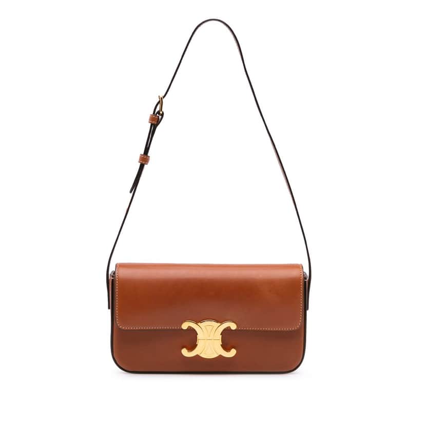 Celine Shiny Calfskin Claude Shoulder Bag Brown Leather Good condition - Front View