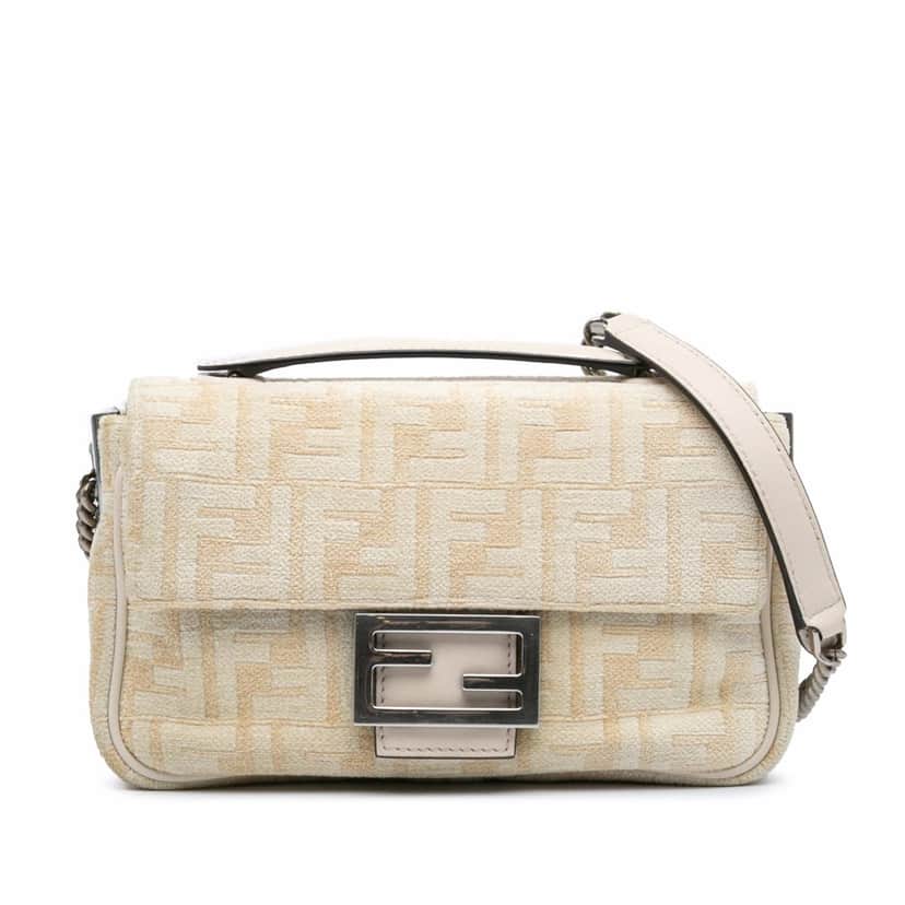 Fendi FF Chenille and Vitello Seta Chain Midi Baguette Brown Cotton Good condition - Front View