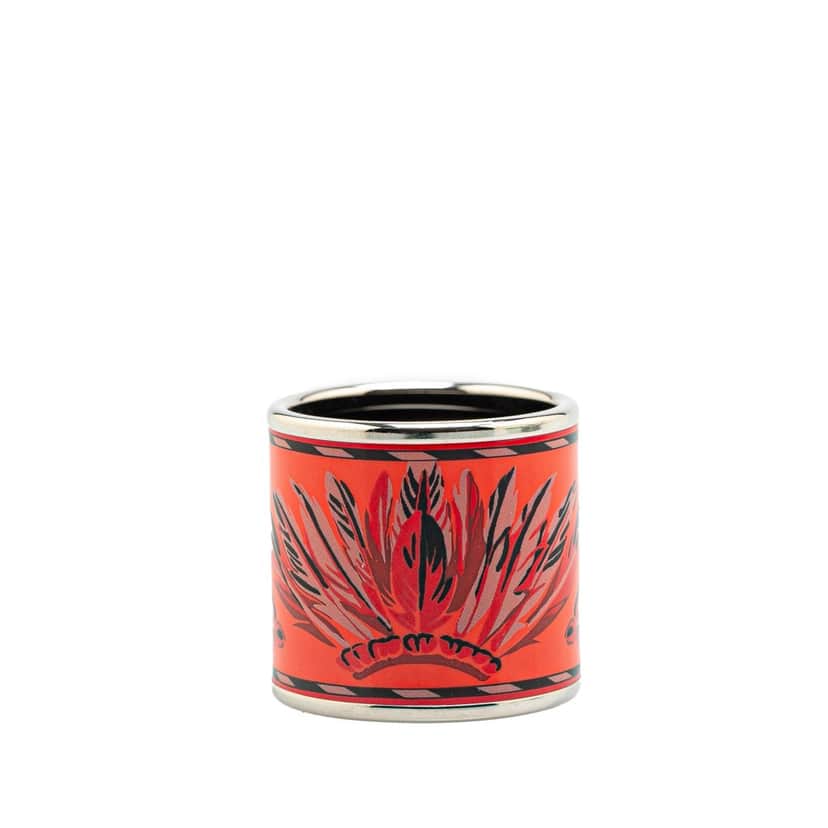Hermès Enamel and Palladium Plated Brazil Feather Scarf Ring Orange Good condition - Front View