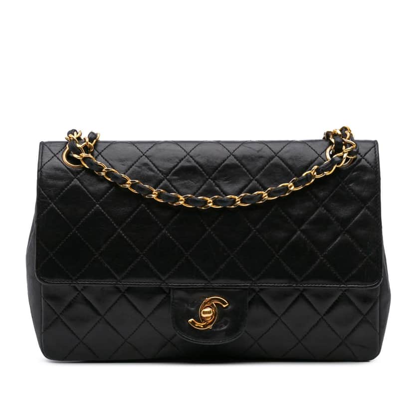 Chanel Medium Quilted Lambskin Double Flap Black Leather Fair condition - Front View