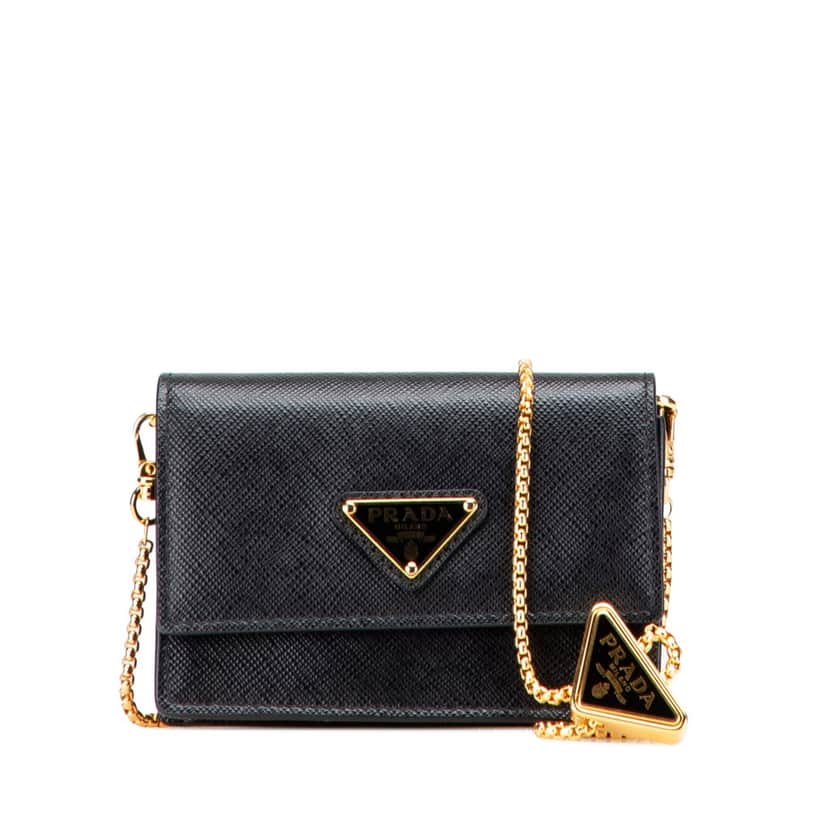 Prada Saffiano Card Holder On Chain Black Leather Good condition - Front View