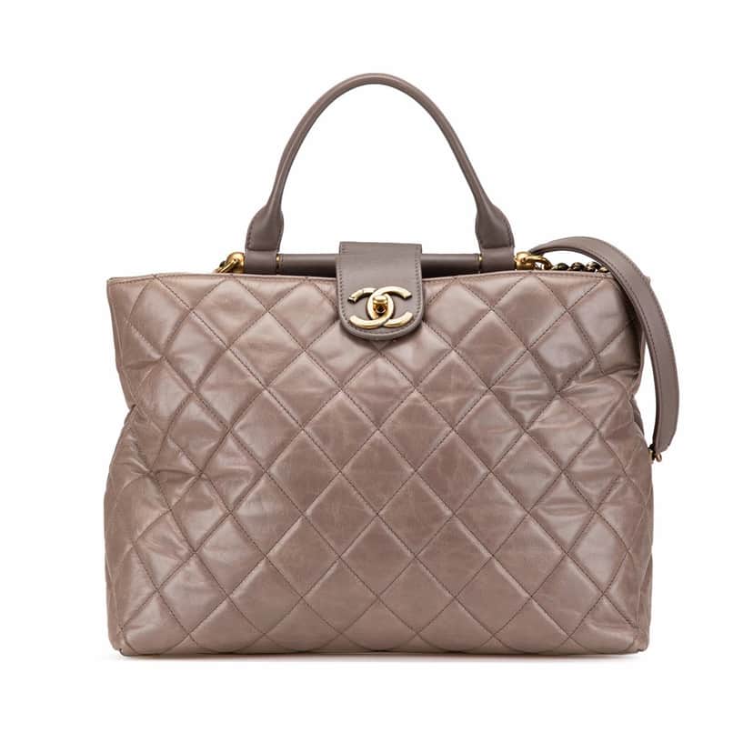 Chanel Quilted Glazed Calfskin Gold Bar Tote Brown Leather Good condition - Front View