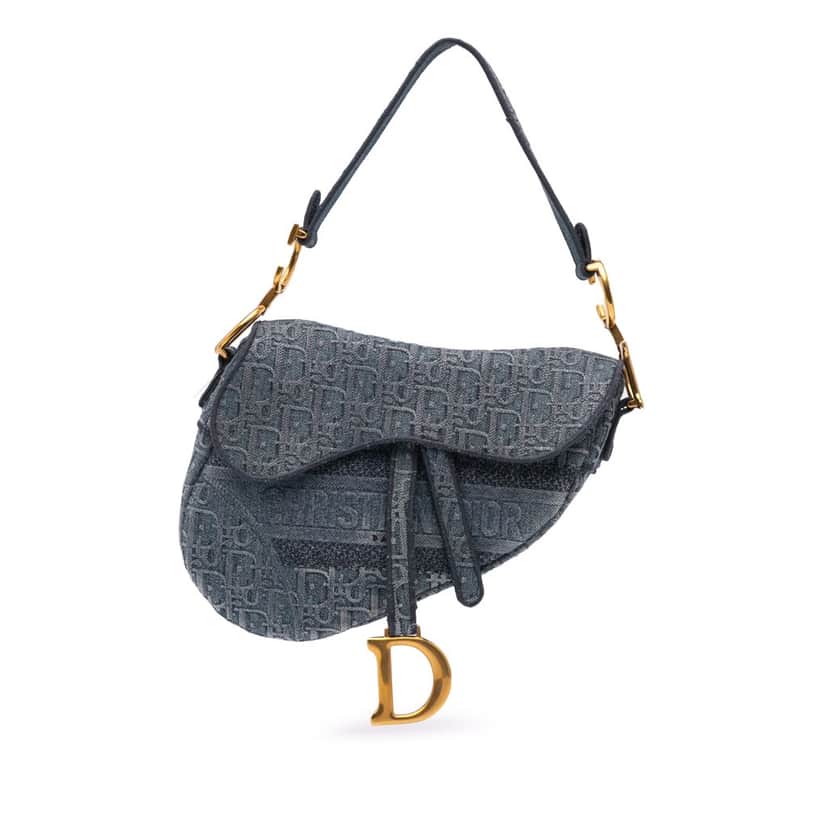 Dior Oblique Denim Embroidered Saddle Bag Blue Denim Good condition - Front View