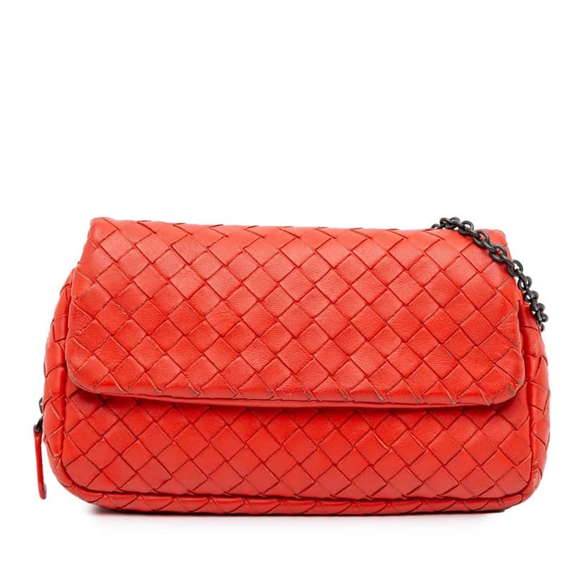 Bottega Veneta Intrecciato Chain Flap Crossbody Red Leather Good condition - Front View