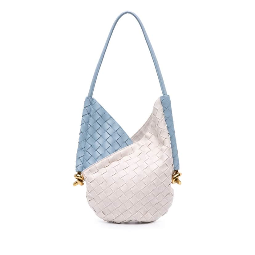Bottega Veneta Small Nappa and Canvas Intrecciato Solstice Shoulder Bag Blue Leather Good condition - Front View