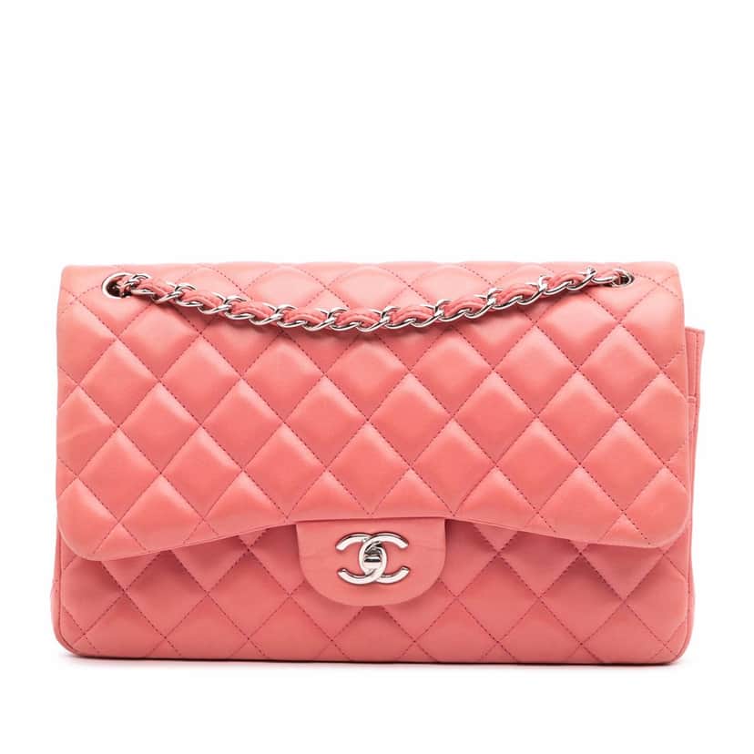 Chanel Jumbo Classic Lambskin Double Flap Pink Leather Fair condition - Front View