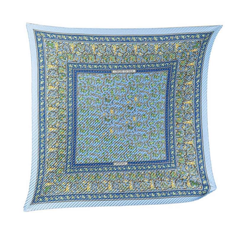 Hermès Chasse En Inde Silk Plisse Scarf Blue Silk Very good condition - Front View