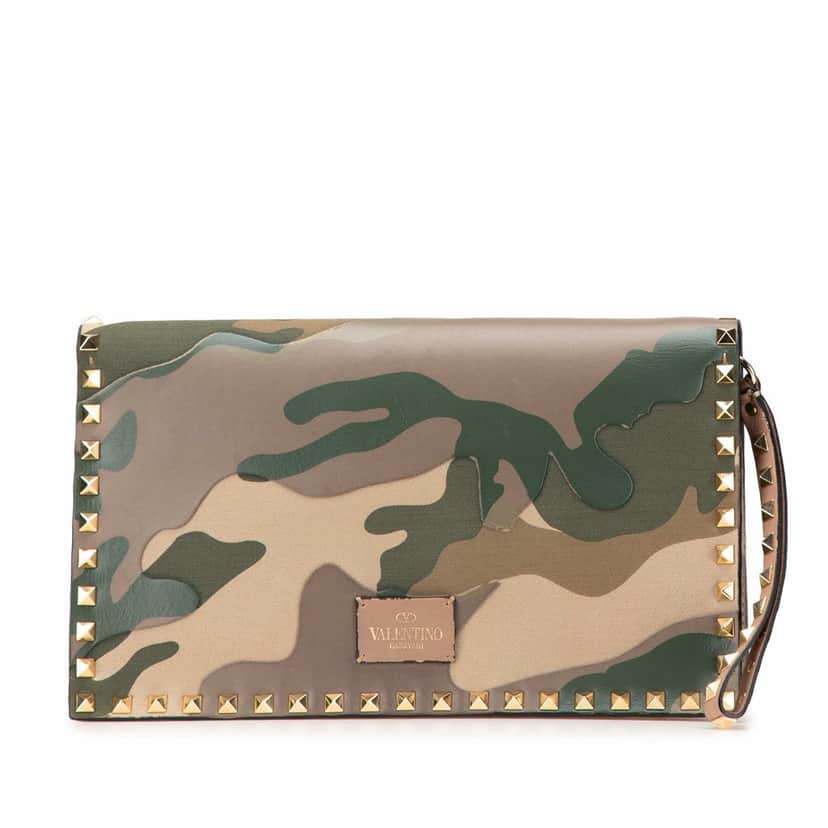 Valentino Canvas and Nappa Camouflage Rockstud Wristlet Clutch Brown Canvas Good condition - Front View