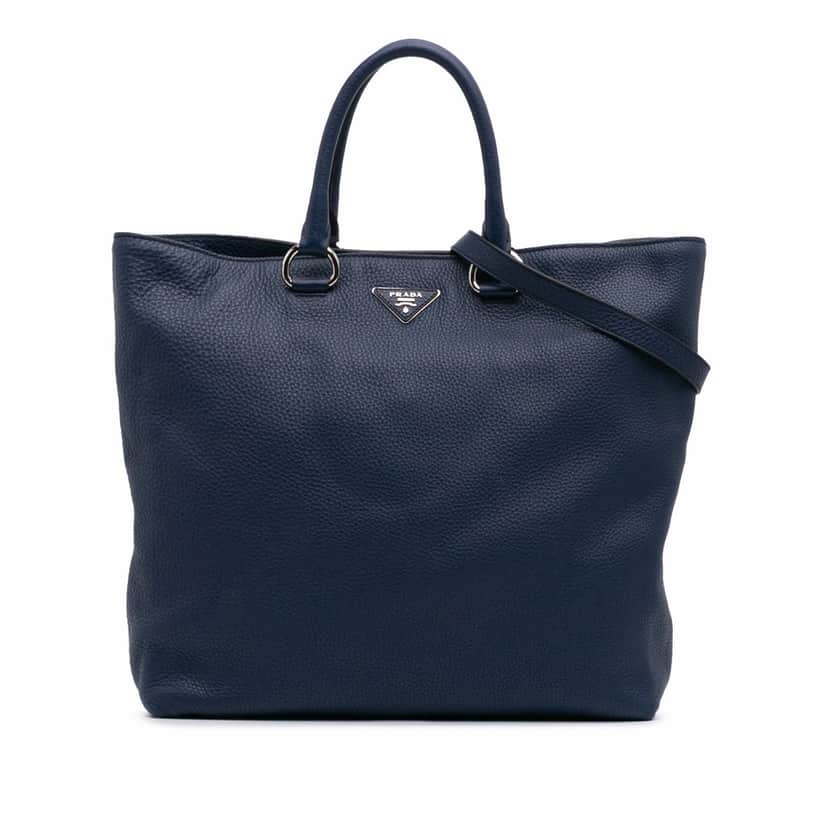 Prada Vitello Daino Open Convertible Tote Blue Leather Good condition - Front View