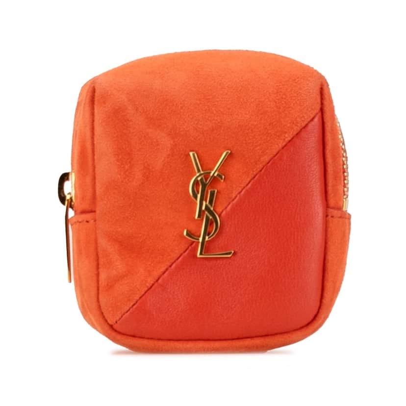 Saint Laurent Suede and Calfskin Jamie Cube Charm Coin Pouch Orange Leather Good condition - Front View