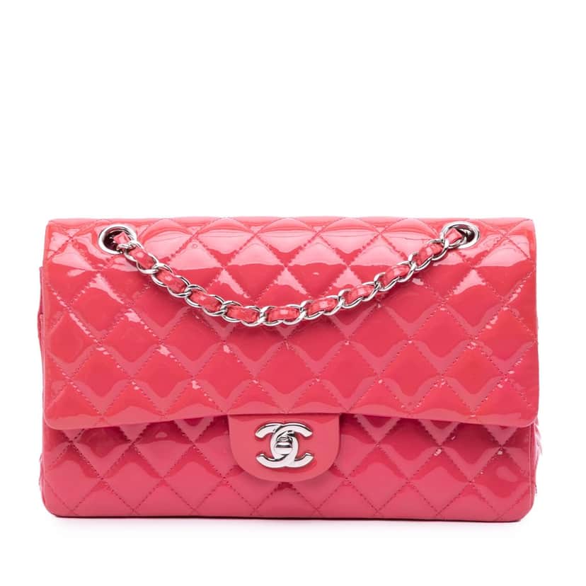 Chanel Medium Classic Patent Double Flap Pink Leather Good condition - Front View