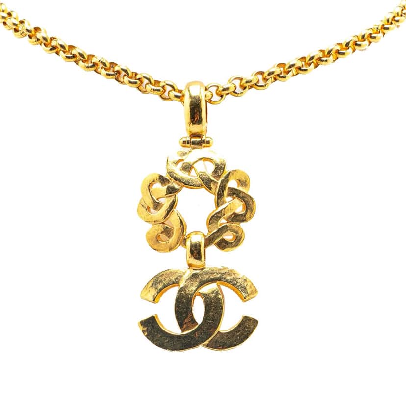 Chanel Gold Plated CC Flower Pendant Necklace Gold Metal Good condition - Front View