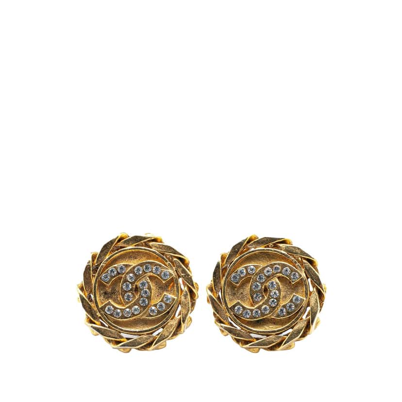 Chanel Gold Plated CC Rhinestones Clip on Earrings Gold Metal Good condition - Front View