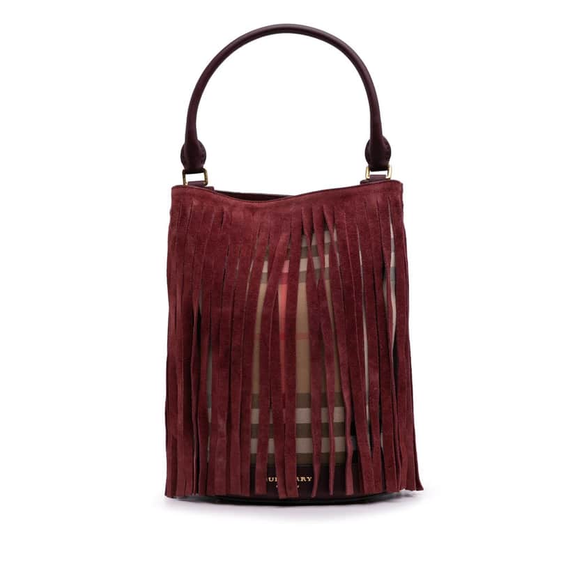 Burberry House Check Canvas and Suede Fringe Bucket Bag Red Canvas Good condition - Front View