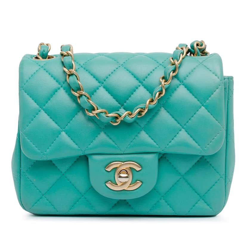 Chanel Mini Square Classic Lambskin Single Flap Green Leather Fair condition - Front View