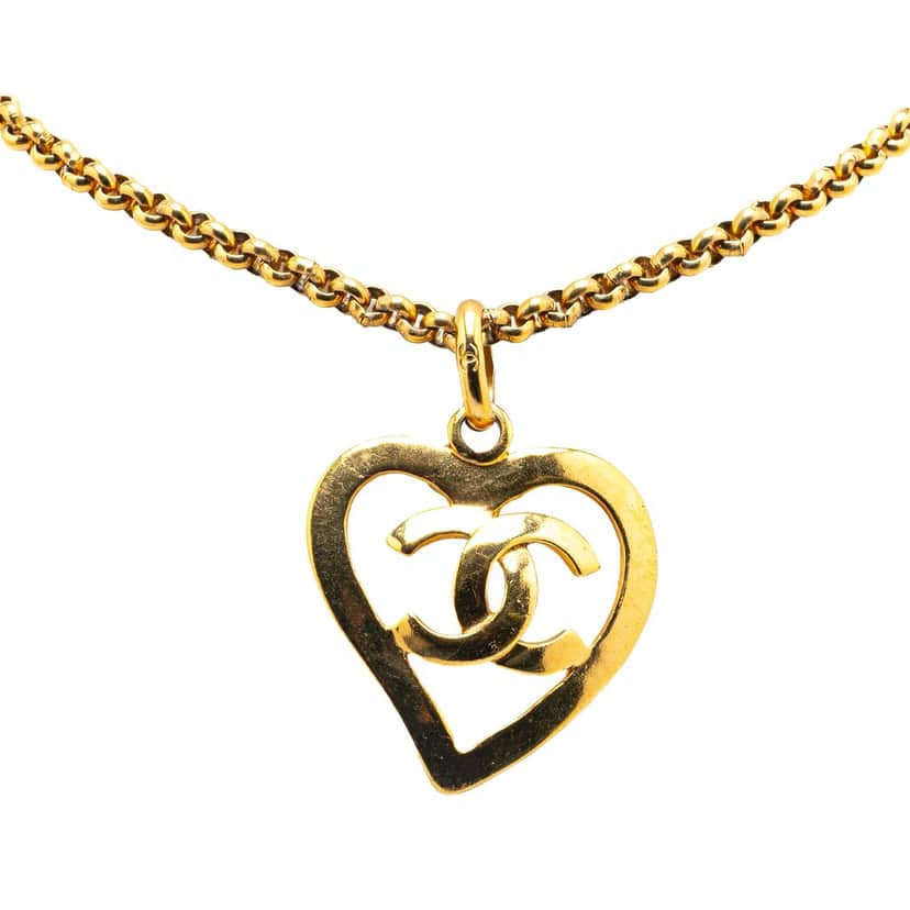 Chanel Gold Plated CC Heart Pendant Necklace Gold Metal Good condition - Front View