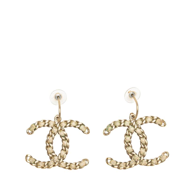 Chanel Gold Plated CC Woven Canvas Push Back Earrings Gold Metal Good condition - Front View