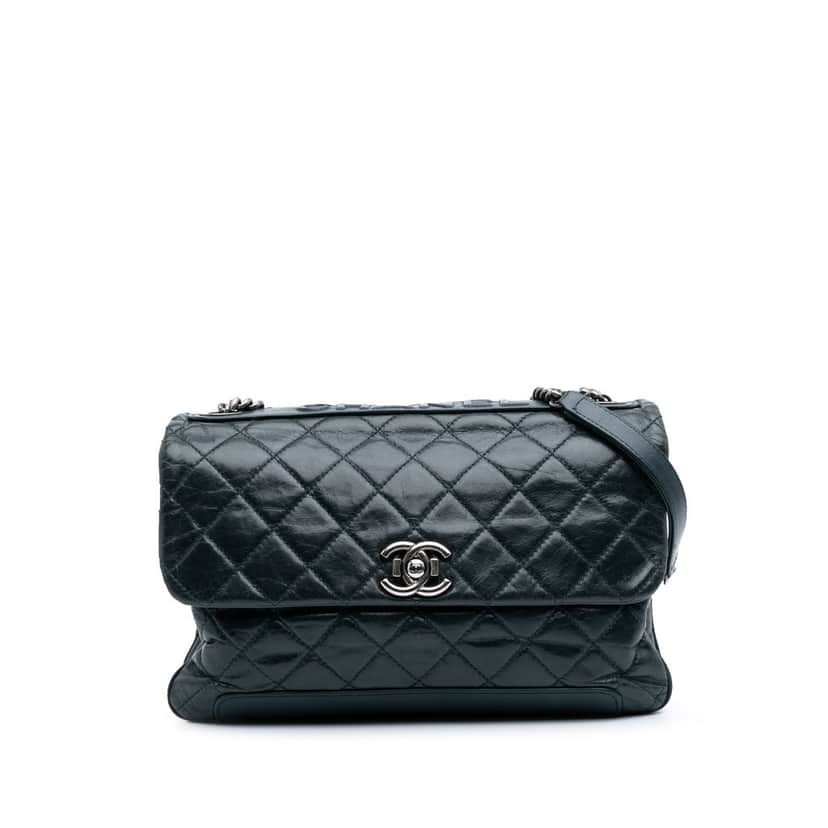 Chanel Quilted Aged Calfskin Logo Accordion Flap Green Leather Good condition - Front View