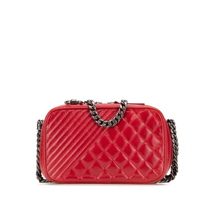 Chanel Small Quilted Glazed Calfskin Coco Boy Camera Bag Red Leather Very good condition - Front View